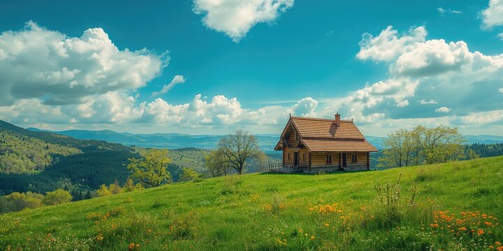 Hilly summer scene with a house amidst dense foliage, ideal for outdoor and landscape projects, Earth Day