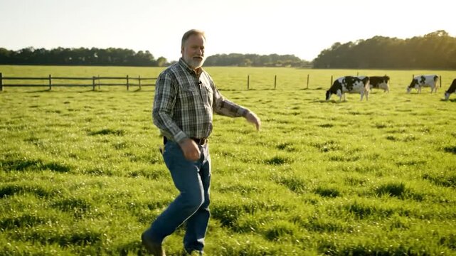 A man in a checkered shirt gestures in a field with cows grazing. A wooden fence is in the distance