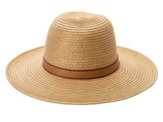 A beautifully woven, light-brown Panama hat crafted from tightly braided toquilla straw, rests flat with its crown facing upwards, showcasing its circular form, isolated on transparent background.