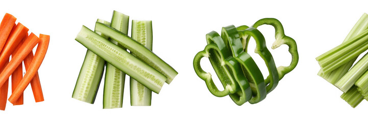 Assorted cut vegetables carrots cucumber isolated on a transparent background