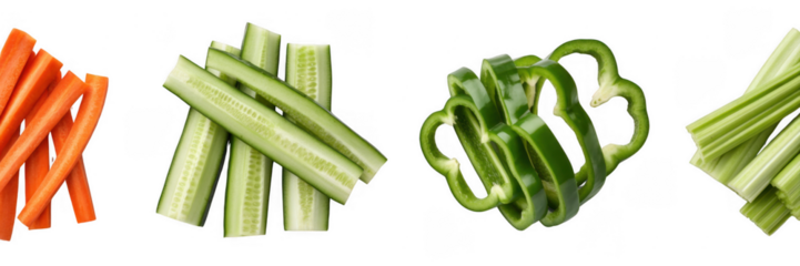 Assorted cut vegetables carrots cucumber isolated on a transparent background