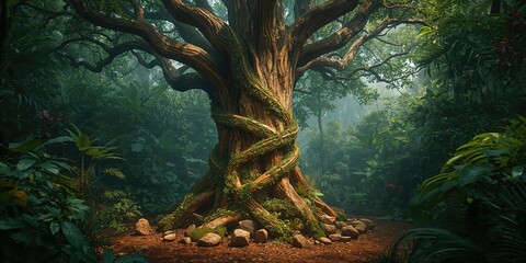 Tree trunk with vines twisting upward, edged with stones at the base for aesthetic appeal, illustrating landscape decoration, Earth Day