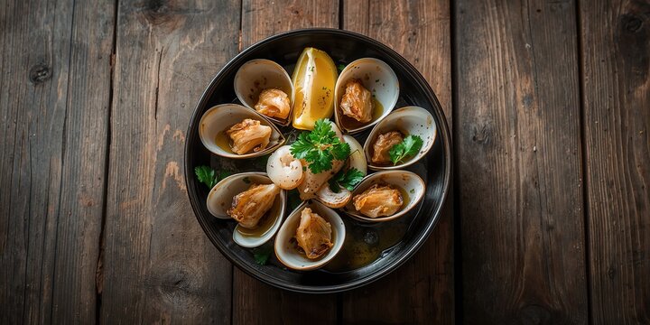 Seafood dish featuring grilled razor clam with herbs and citrus, prepared on a rustic wooden surface, highlighting culinary techniques
