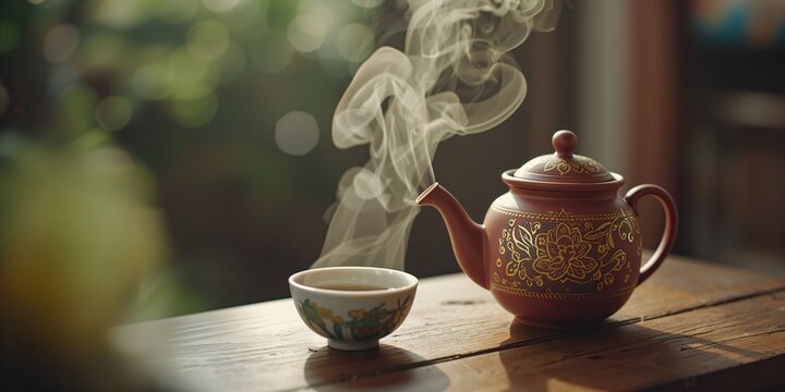 Clay teapots and cups with Poci tea and rock sugar, hot beverage favored in Tegal and Pemalang, regional tradition