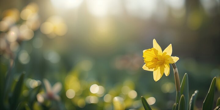 Yellow daffodil illuminated by sunlight, highlighting early spring flowering season