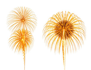 Four golden fireworks explode against a stark black backdrop