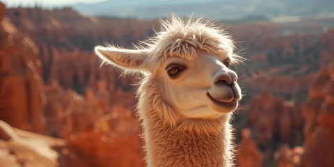 Fototapeta premium Llama resting on rugged canyon terrain in Bryce Canyon, Utah, ideal for natural landscape backdrop