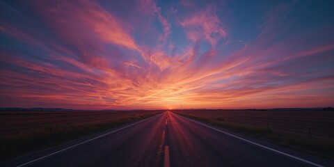 Obraz premium Asphalt road illuminated by a sunset with a deep blue sky, suitable as a background for travel or navigation themes