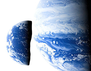 Two planets, one large, one smaller, rendered with swirling cloud patterns against black space