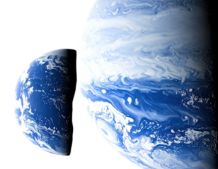 Two planets, one large, one smaller, rendered with swirling cloud patterns against black space