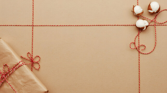 Minimalist gift packaging background with red string bow on beige kraft paper.