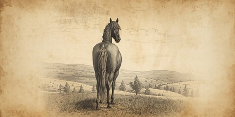 Vintage engraving of a horse from Saxony with detailed landscape background, emphasizing texture and line work
