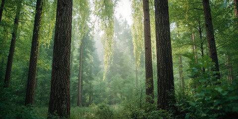 Obraz premium Coniferous trees standing amidst dense forest foliage with a soft background, highlighting urban density and greenery