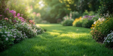 Obraz premium Scenic view of a lush green grass pathway winding through a vibrant flower garden, ideal for outdoor relaxation and leisure, Earth Day