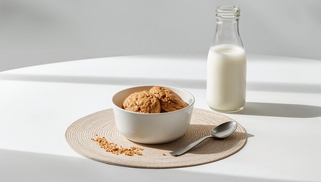White bowl containing two whole wheat breakfast biscuits, accompanied by a milk bottle and spoon on a white placemat, highlighting healthy breakfast setup