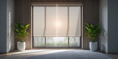 Interior scene with electric curtains covering a sizable window, complemented by wood decor and indoor greenery, focusing on automated window treatments