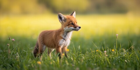 Naklejka premium Red fox juvenile in a grassy field, exploring its surroundings, wildlife habitat preservation