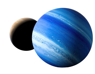 Two celestial spheres, one blue banded giant alongside a smaller, tan, crescent companion