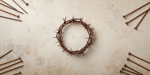 Fototapeta premium Rusty nails and a crown of thorns, corrosion and religious symbolism, Earth Day