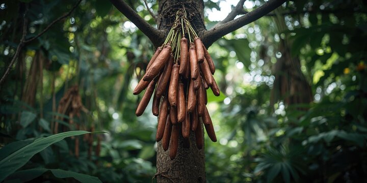 Cluster of Kigelia africana seed pods from the sausage tree, highlighting plants fruiting stage and organic surface