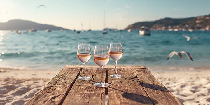 Ros&Atilde;&copy; wine glass on wooden dock with water and beach scenery, emphasizing outdoor summer relaxation