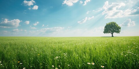 Naklejka premium Natural landscape with lush grass and clear sky, ideal for environmental visuals