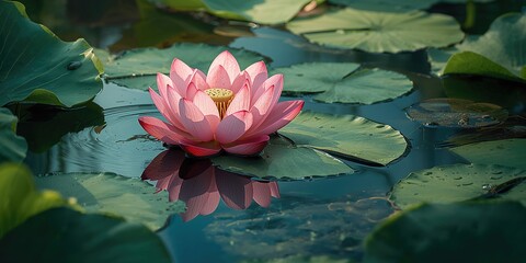 Summer scene featuring a blooming lotus flower, highlighting aquatic plant life and seasonal blooming