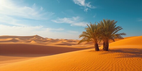 Palm trees and sand dunes form an oasis landscape, highlighting natural groundwater sources in desert regions