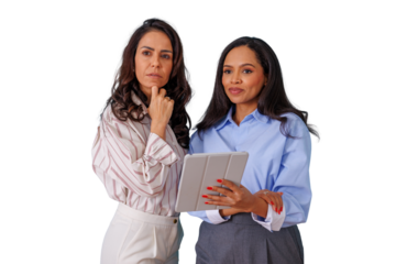 Businesswomen collaborating on a digital tablet, planning and generating ideas, standing on a transparent background