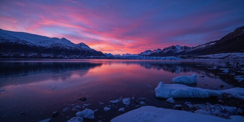 Glacial lake surrounded by mountain peaks at sunset, natural erosion processes, Earth Day