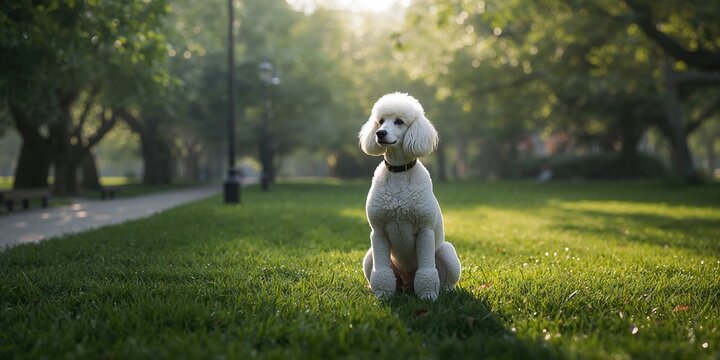 French caniche dog on grassy terrain, highlighting animal presence and outdoor environment, World Animal Day