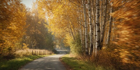 Obraz premium Rural country road bordered by Dutch birch trees during autumn, highlighting natural preservation