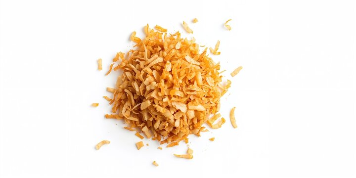 Pile of crispy fried onions isolated on white, suitable for food preparation or garnish, no holiday observed
