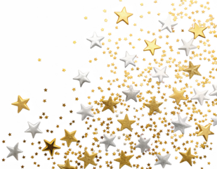 Numerous shimmering, five-pointed metallic stars, a combination of radiant gold and elegant silver finishes, are scattered diagonally across a transparent, isolated on transparent background.