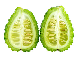 Close-up of a halved, vibrant green, textured citrus fruit, showing seeds and inner structure