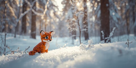 Fototapeta premium Miniature lynx toy figure set against snowy woodland background highlighting winter wildlife