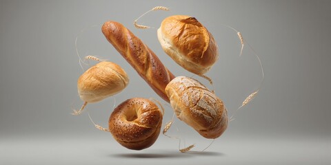 Assorted bread varieties such as round loaf and bun on a neutral gray backdrop, suitable for bakery branding