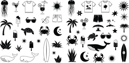 Black summer vacation set, simple beach icons, holiday silhouette illustrations