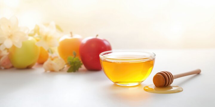 Honey in a glass jar, traditional holiday symbol background, designed for Rosh Hashanah celebration, the role of honey in Jewish observances