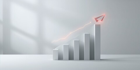 Business growth visualization using a paper plane on a progress chart focusing on development strategies