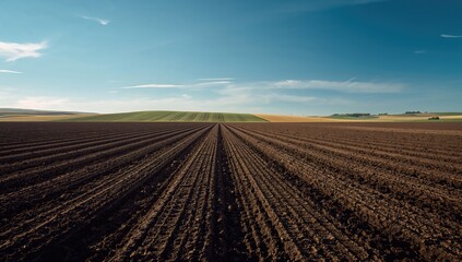 Fertile soil ready for planting in an agricultural setting with a bright sky, highlighting crop cultivation processes
