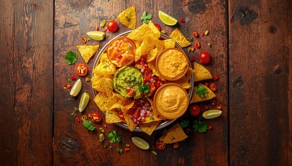 A bowl of nachos chips topped with assorted dips, suitable for party snack backgrounds