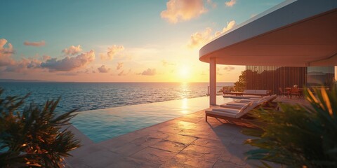 Obraz premium Sea-facing villa terrace focusing on architectural preservation and ocean scenery