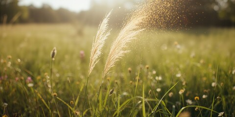 Naklejka premium Grass pollen released from cocks foot grass in outdoor environment, allergy considerations