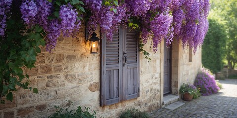Village of Provence featuring vibrant purple wisteria vine, urban greenery and seasonal change