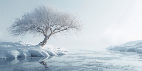 Snowy winter setting with frost on branches and frozen terrain, Earth Day