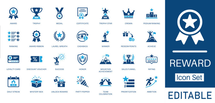 Reward and Gamification solid icon set. Includes symbols for Trophy, Loyalty Card, Cashback, and Winner Podium. Solid vector icons for loyalty program, app achievement, and marketing strategy.