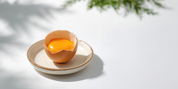 Chicken egg with shell and stuffing on a plate, highlighting food preparation and presentation
