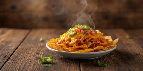 Vegetarian nachos with tortilla chips and fresh jalapeno peppers, suitable for snack presentation, Earth Day