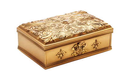 Single golden gift box with ornate details isolated on a white background